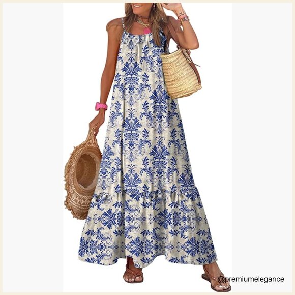 Dresses & Skirts - Spaghetti Strap Scoop Neck Smocked Maxi Dress Flowy Boho Summer